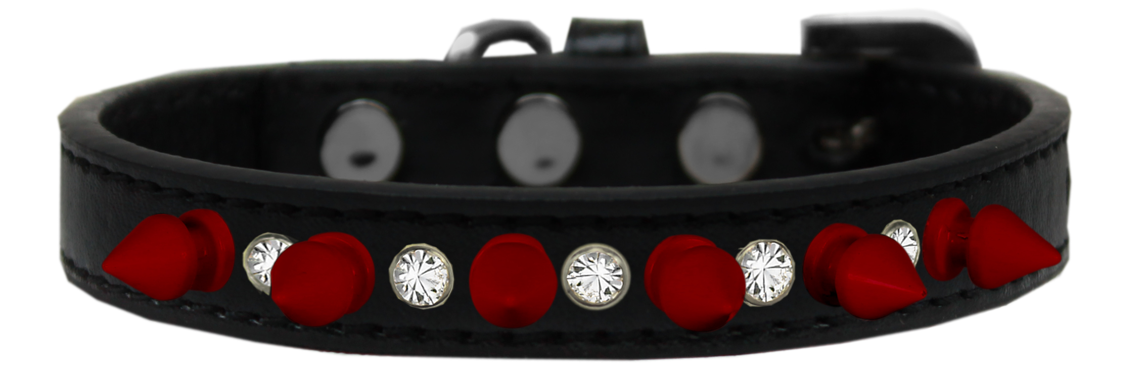 Crystal and Red Spikes Dog Collar Black Size 12